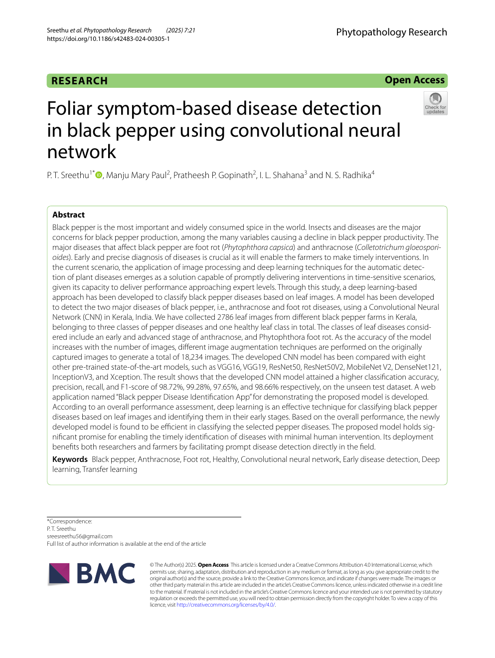 Front page of the black pepper disease detection publication