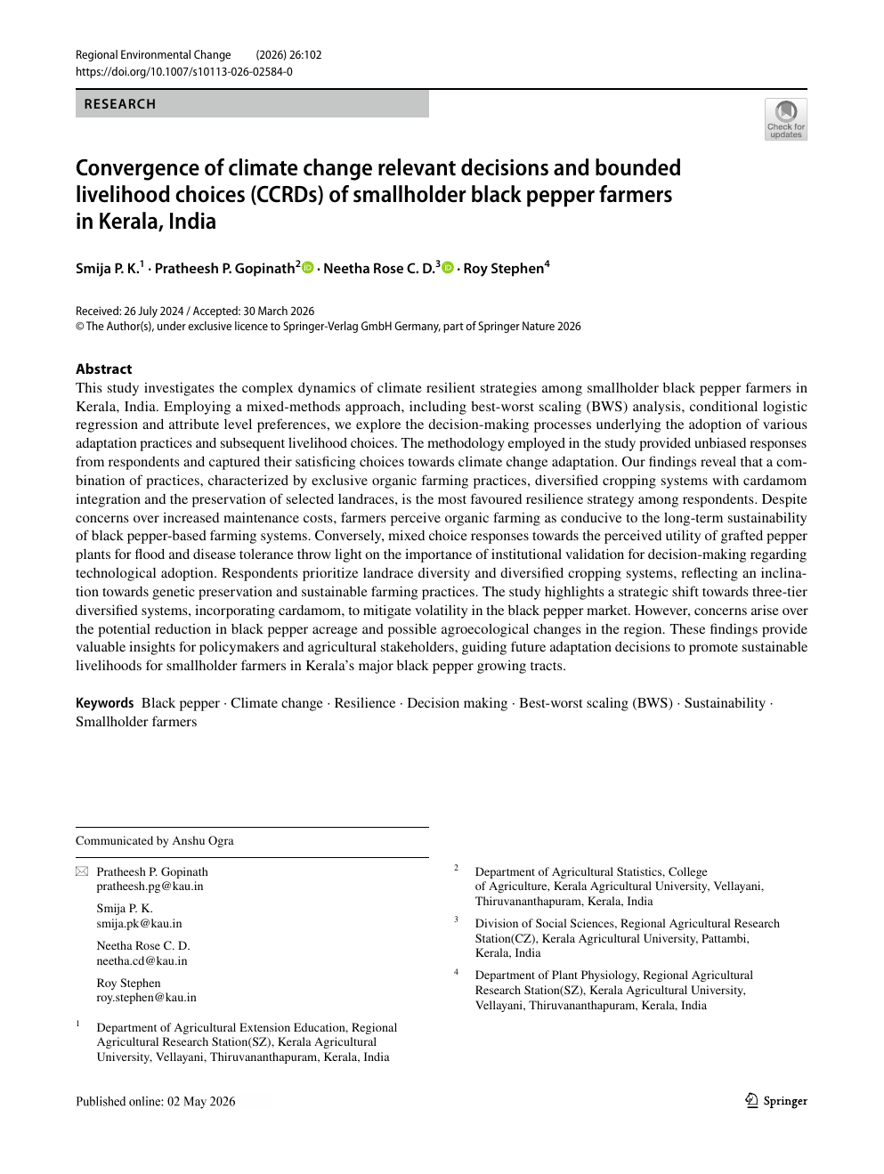 Front page of the climate decisions and black pepper livelihoods publication